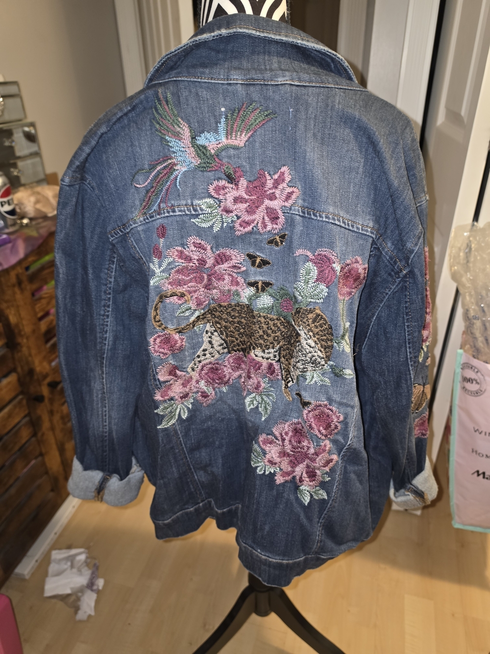 Denim Jacket with Pink Floral & Leopard Embroidery